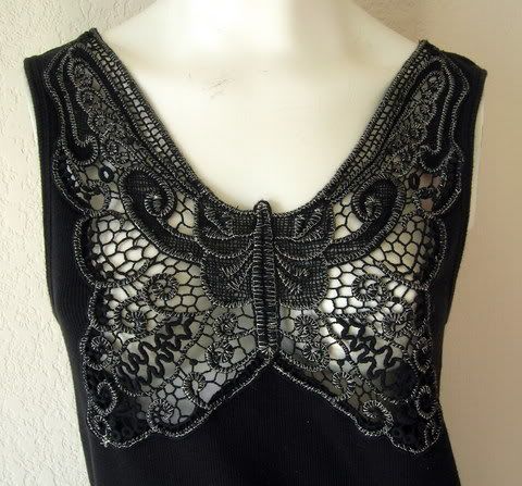   APPLIQUE TANK TOP HIPPIE BOHO OPEN LACE BACK ALLEN B SCHWARTZ BLACK XL