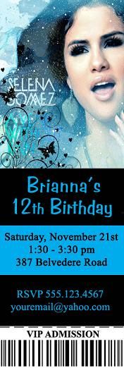 Selena Gomez Wizards Birthday Party Ticket Invitations  