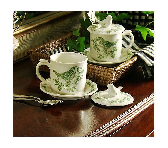 Set of Two Toile Bird Mugs with Lids by Valerie Parr Hill GREEN  