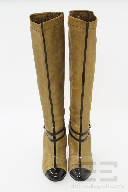 Chanel Gold Metallic Suede & Black Patent Leather Knee High Heel Boots 