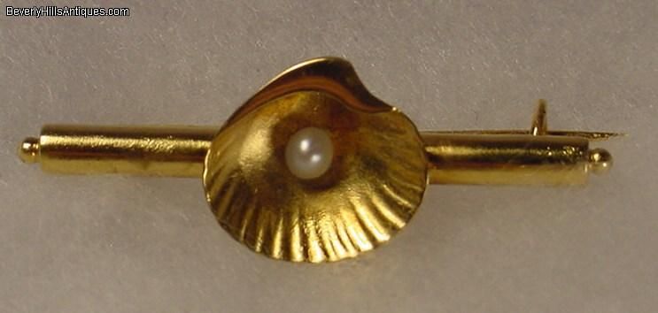 Antique Art Deco 18k Shell and Pearl Design Brooch  