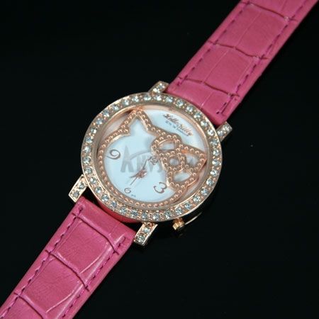   HelloKitty Lady Crystal Rose gold Quartz Jewelry Wrist watch peach
